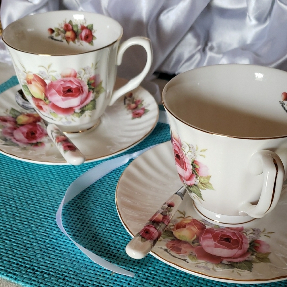 Floral Rose Tea Cup and Saucer Set Top Mate Two